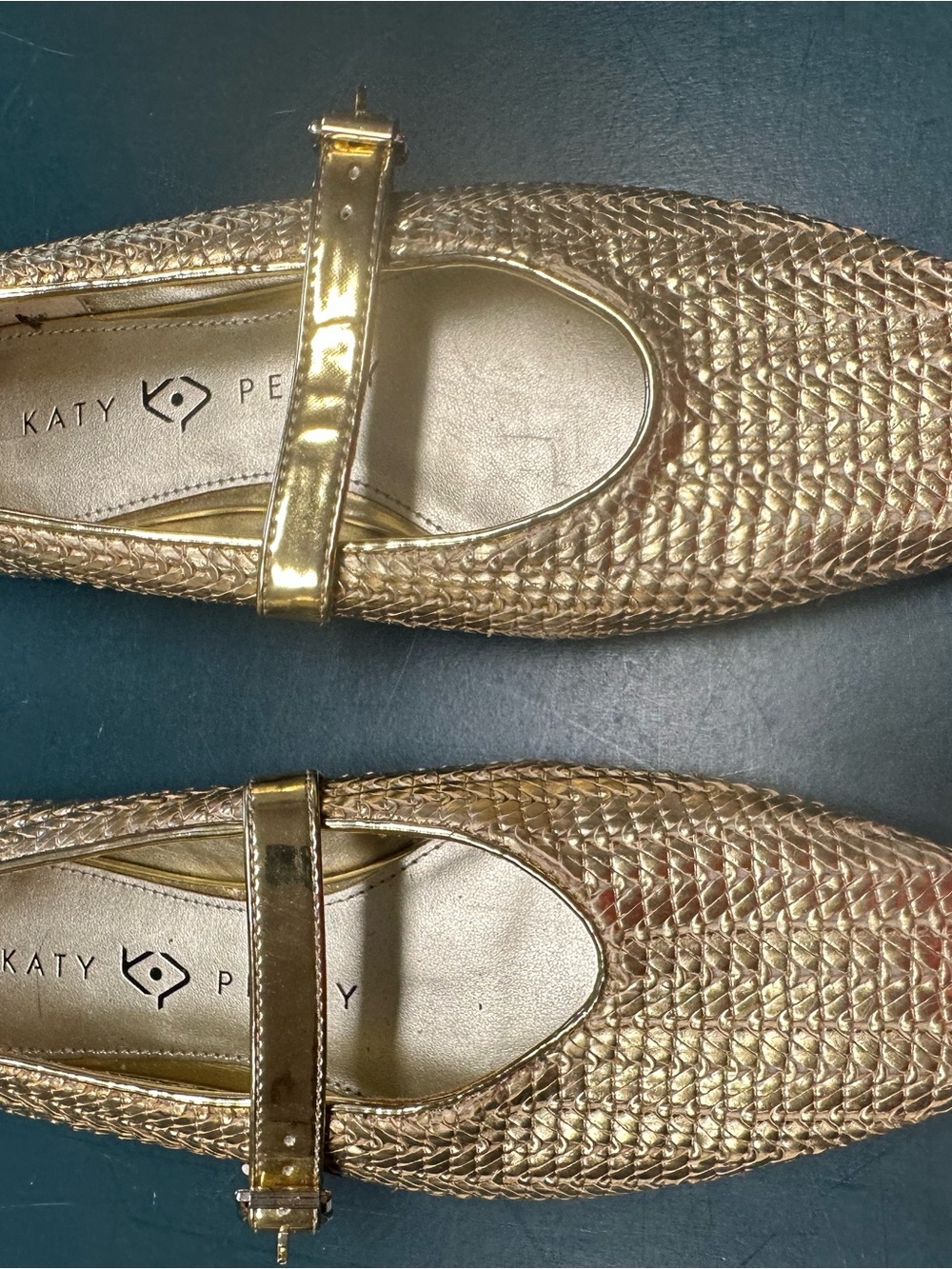 EVIE Gold Woven Mary Jane Flats with Glossy Strap